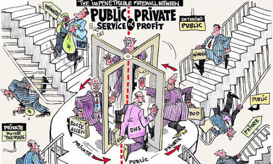 揭示美国政界商界无缝切换的“旋转门”漫画。所谓“旋转门”，指的是个人在政府部门和私人部门之间不断转换角色、穿梭为不同集团服务或牟利的机制。